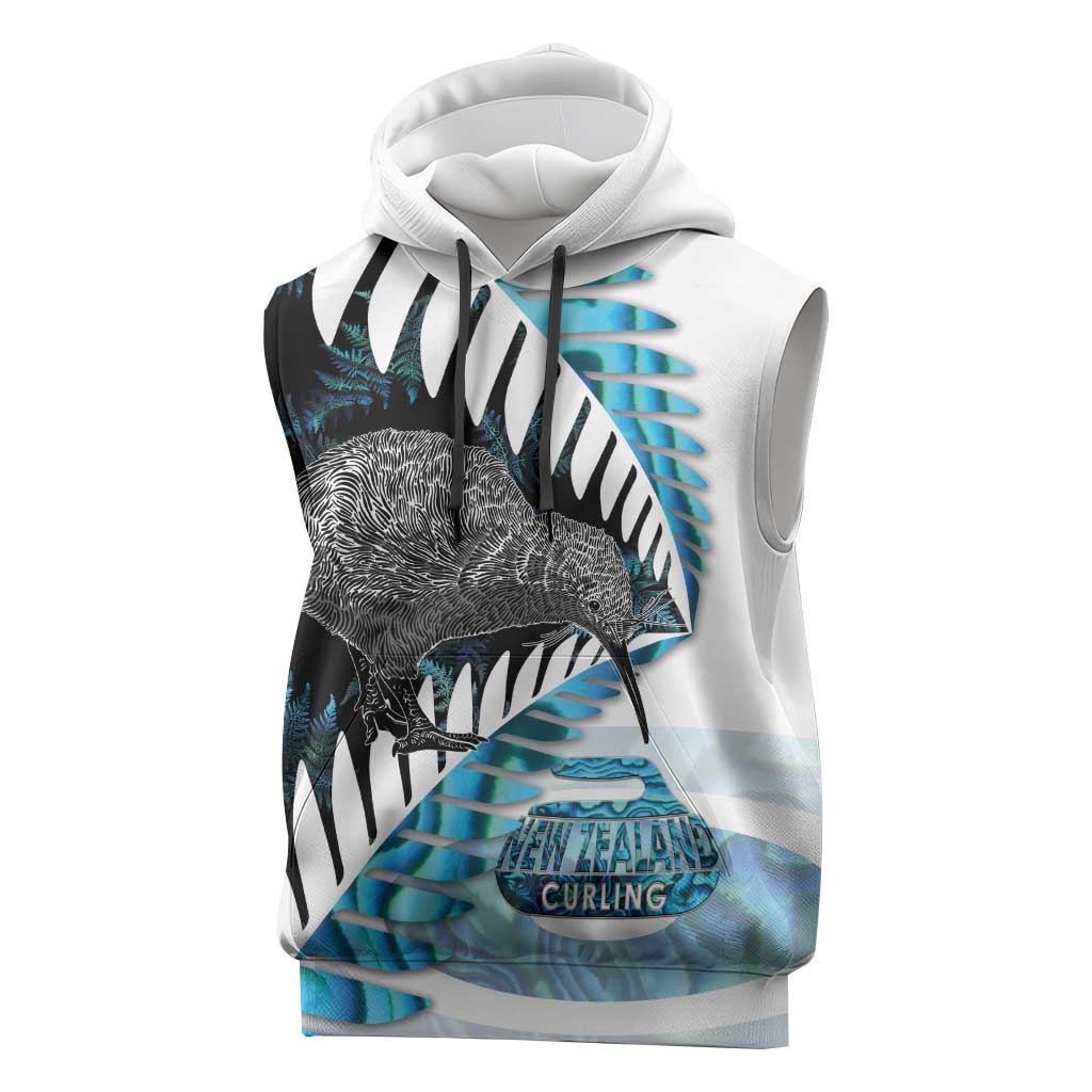 New Zealand Silver Fern Curling Personalised Sleeveless Hoodie Aotearoa Kiwi Ponga Paua Shell Version LT14 Black - Polynesian Pride