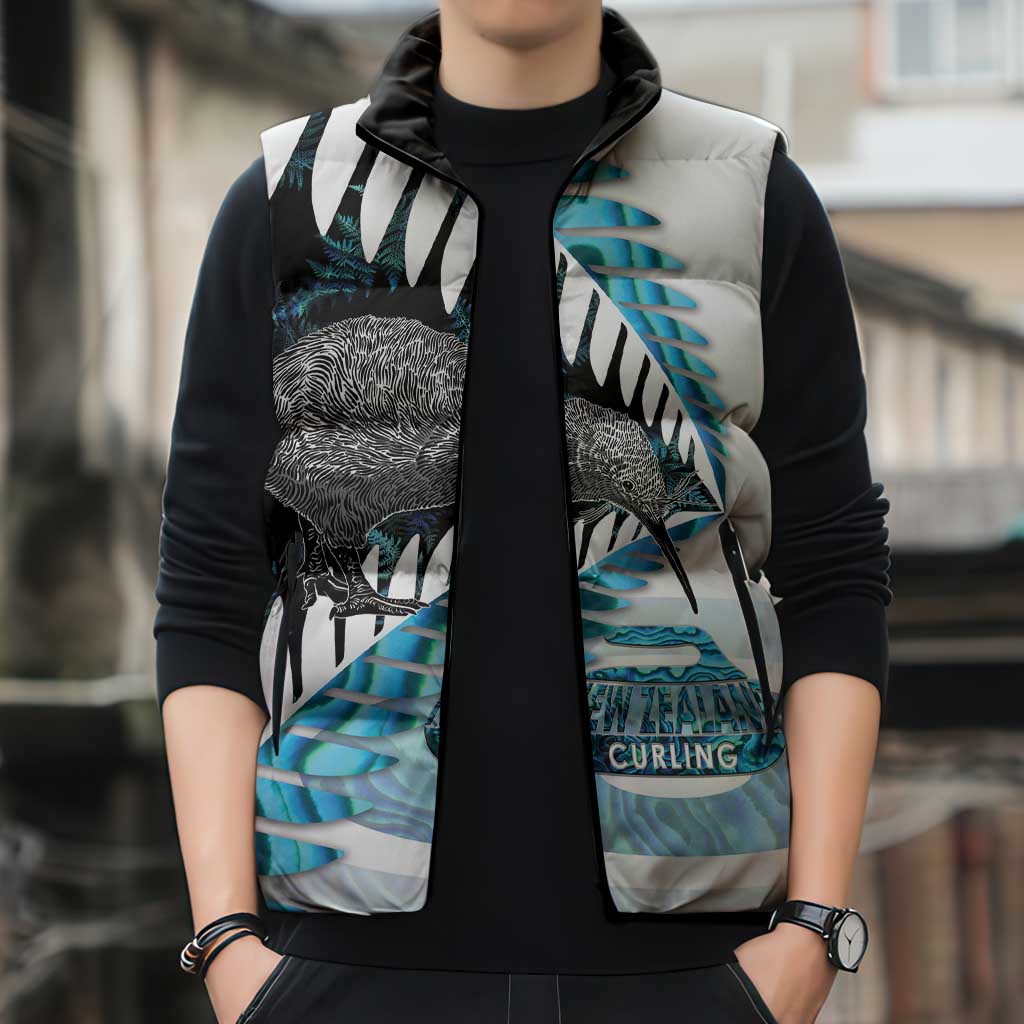 New Zealand Silver Fern Curling Personalised Sleeveless Puffer Jacket Aotearoa Kiwi Ponga Paua Shell Version - Polynesian Pride