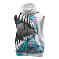 New Zealand Silver Fern Curling Personalised Sleeveless Zip Hoodie Aotearoa Kiwi Ponga Paua Shell Version LT14 Black - Polynesian Pride