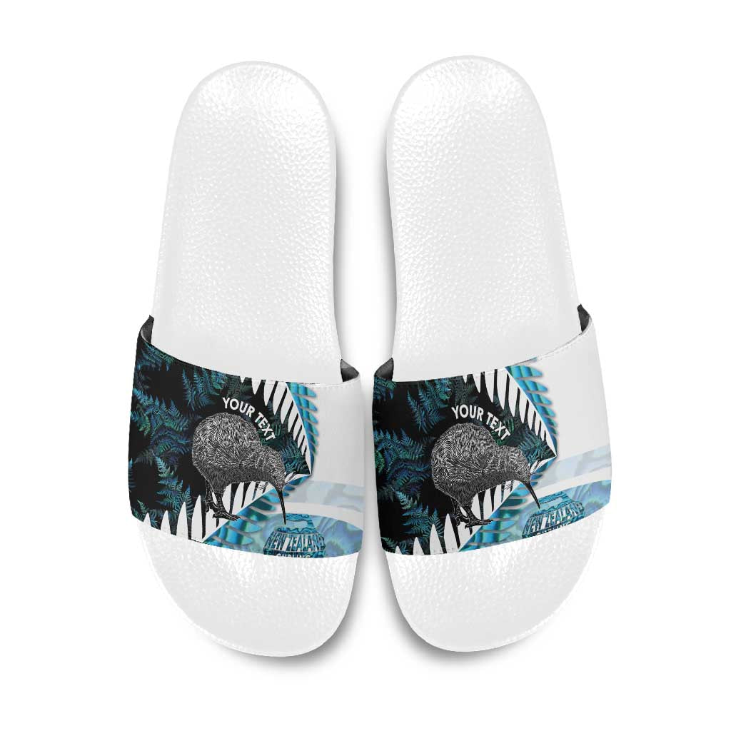 New Zealand Silver Fern Curling Personalised Slide Sandals Aotearoa Kiwi Ponga Paua Shell Version - Polynesian Pride