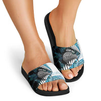 New Zealand Silver Fern Curling Personalised Slide Sandals Aotearoa Kiwi Ponga Paua Shell Version - Polynesian Pride