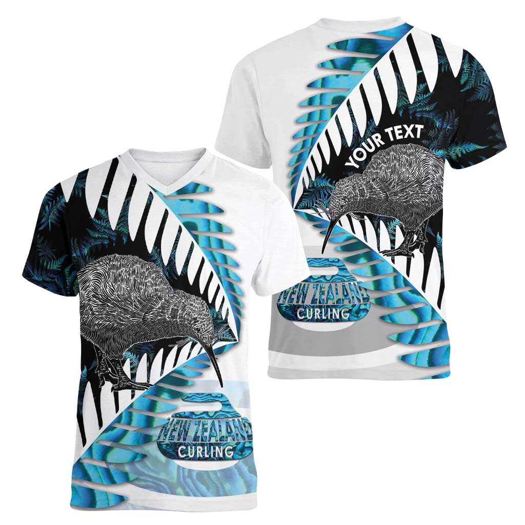 New Zealand Silver Fern Curling Personalised Women V-Neck T-Shirt Aotearoa Kiwi Ponga Paua Shell Version LT14 - Polynesian Pride