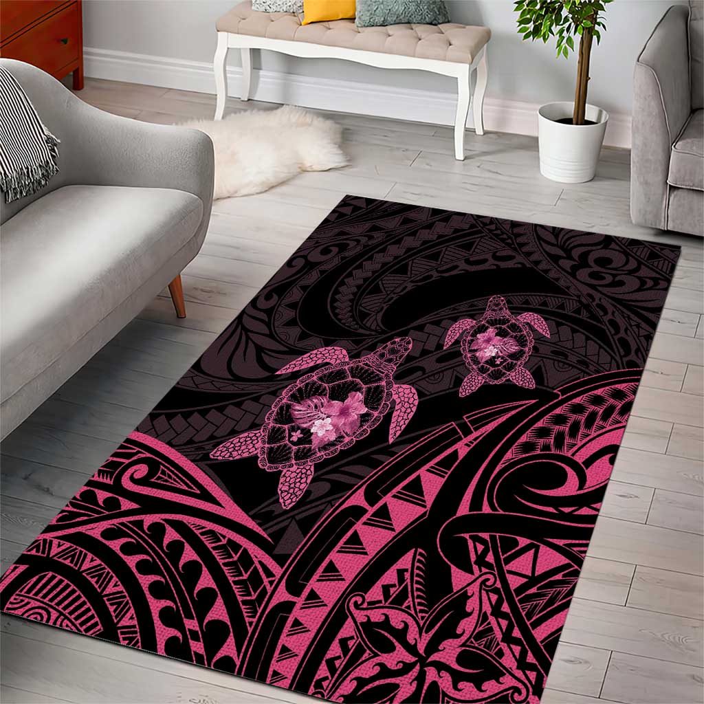 Pink Black Polynesia Floral Sea Turtle Area Rug - Polynesian Pride