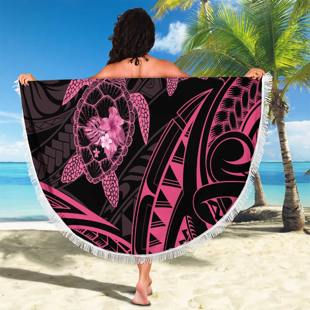 Pink Black Polynesia Floral Sea Turtle Beach Blanket - Polynesian Pride