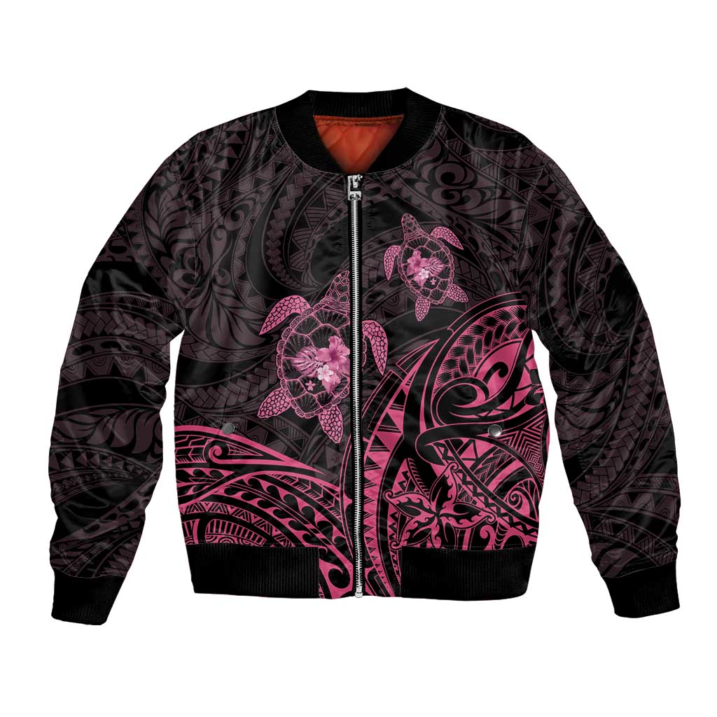Pink Black Polynesia Floral Sea Turtle Bomber Jacket - Polynesian Pride