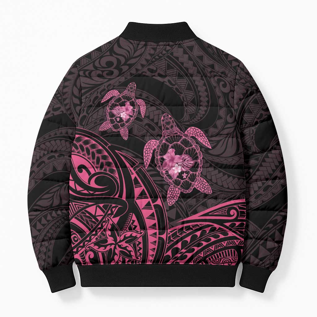 Pink Black Polynesia Floral Sea Turtle Bomber Puffer Jacket - Polynesian Pride