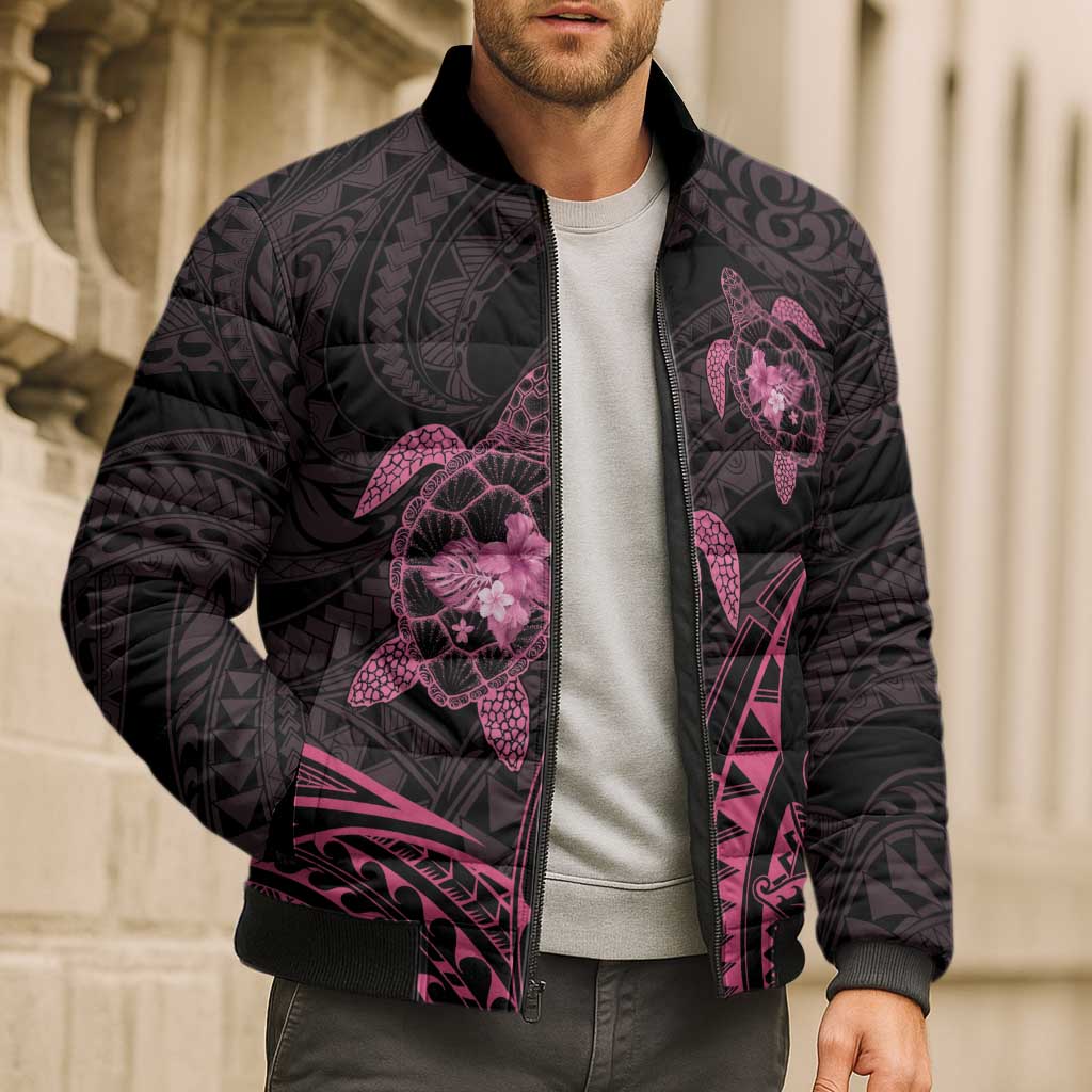 Pink Black Polynesia Floral Sea Turtle Bomber Puffer Jacket - Polynesian Pride