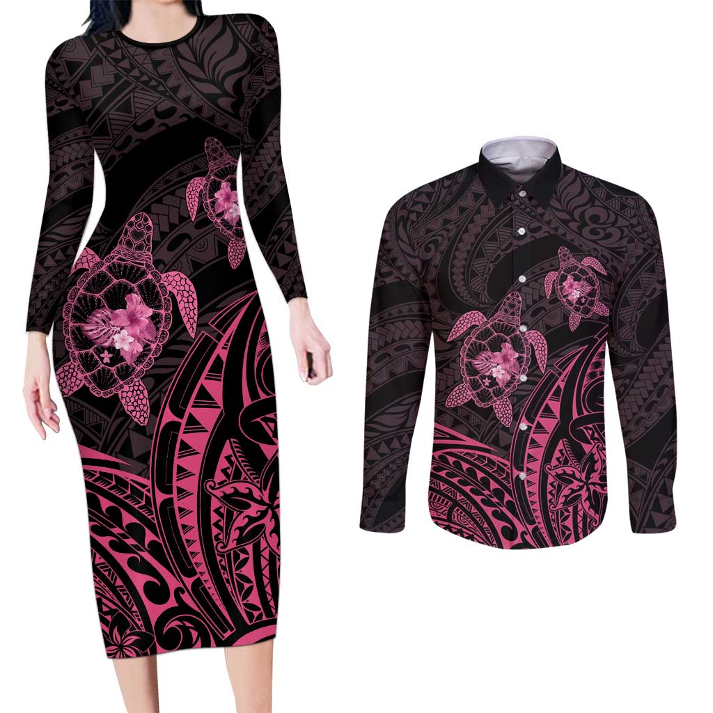 Pink Black Polynesia Floral Sea Turtle Couples Matching Long Sleeve Bodycon Dress and Long Sleeve Button Shirt LT14 Black - Polynesian Pride
