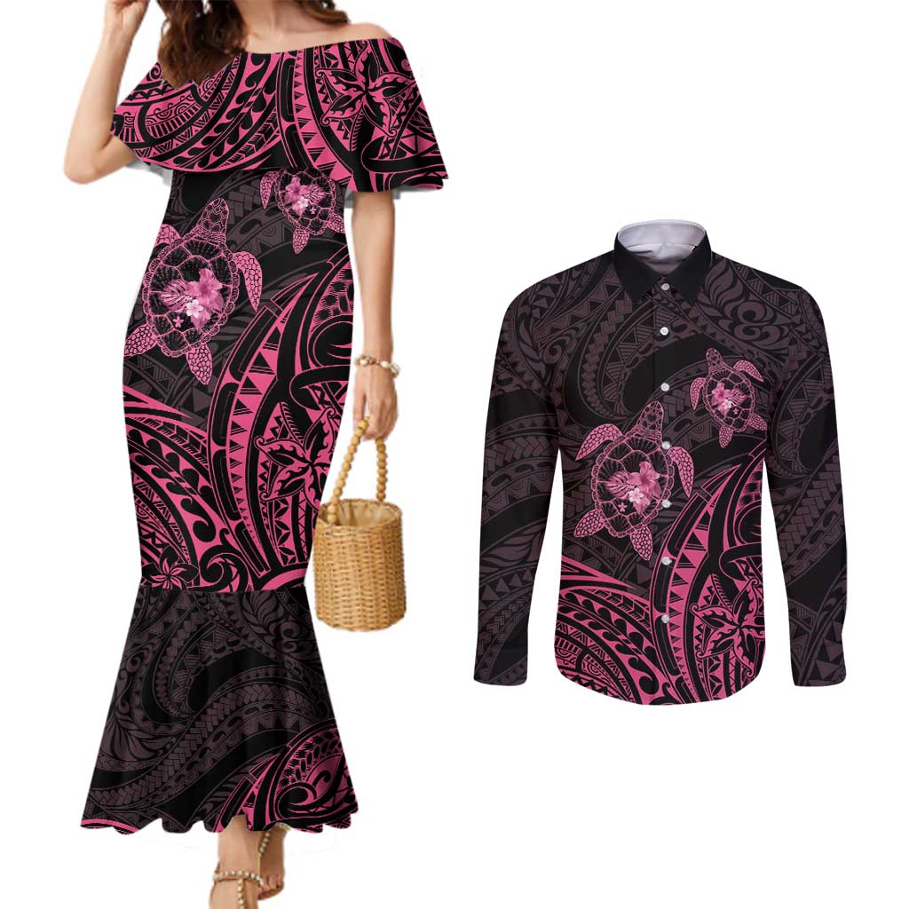 Pink Black Polynesia Floral Sea Turtle Couples Matching Mermaid Dress and Long Sleeve Button Shirt LT14 Black - Polynesian Pride