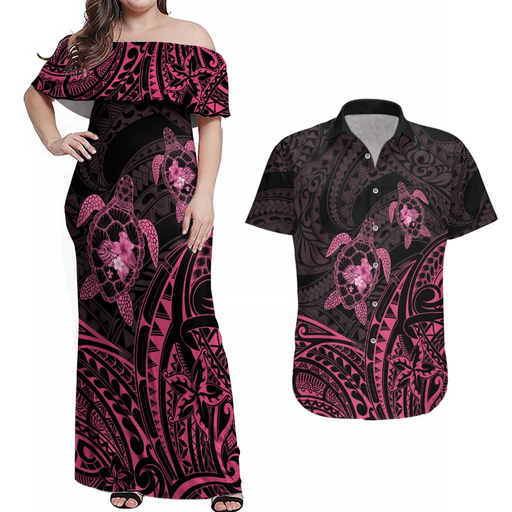 Pink Black Polynesia Floral Sea Turtle Couples Matching Off Shoulder Maxi Dress and Hawaiian Shirt - Polynesian Pride