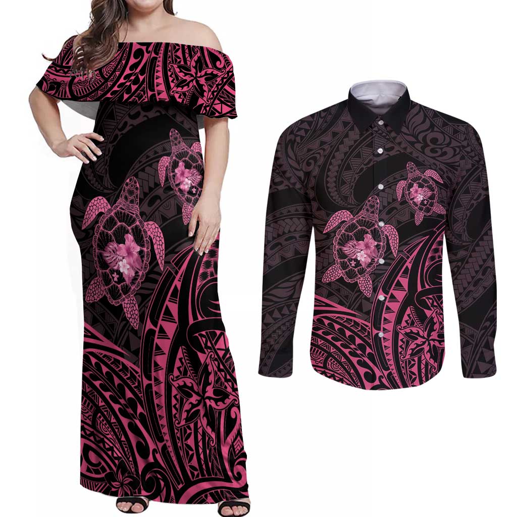 Pink Black Polynesia Floral Sea Turtle Couples Matching Off Shoulder Maxi Dress and Long Sleeve Button Shirt LT14 Black - Polynesian Pride