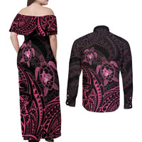 Pink Black Polynesia Floral Sea Turtle Couples Matching Off Shoulder Maxi Dress and Long Sleeve Button Shirt - Polynesian Pride