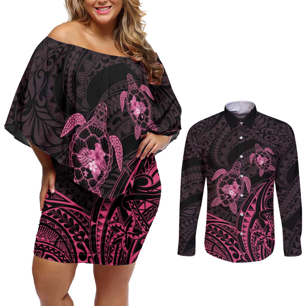 Pink Black Polynesia Floral Sea Turtle Couples Matching Off Shoulder Short Dress and Long Sleeve Button Shirt LT14 Black - Polynesian Pride