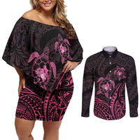 Pink Black Polynesia Floral Sea Turtle Couples Matching Off Shoulder Short Dress and Long Sleeve Button Shirt LT14 Black - Polynesian Pride