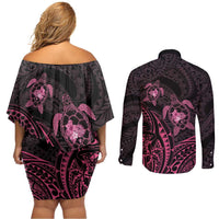 Pink Black Polynesia Floral Sea Turtle Couples Matching Off Shoulder Short Dress and Long Sleeve Button Shirt LT14 - Polynesian Pride