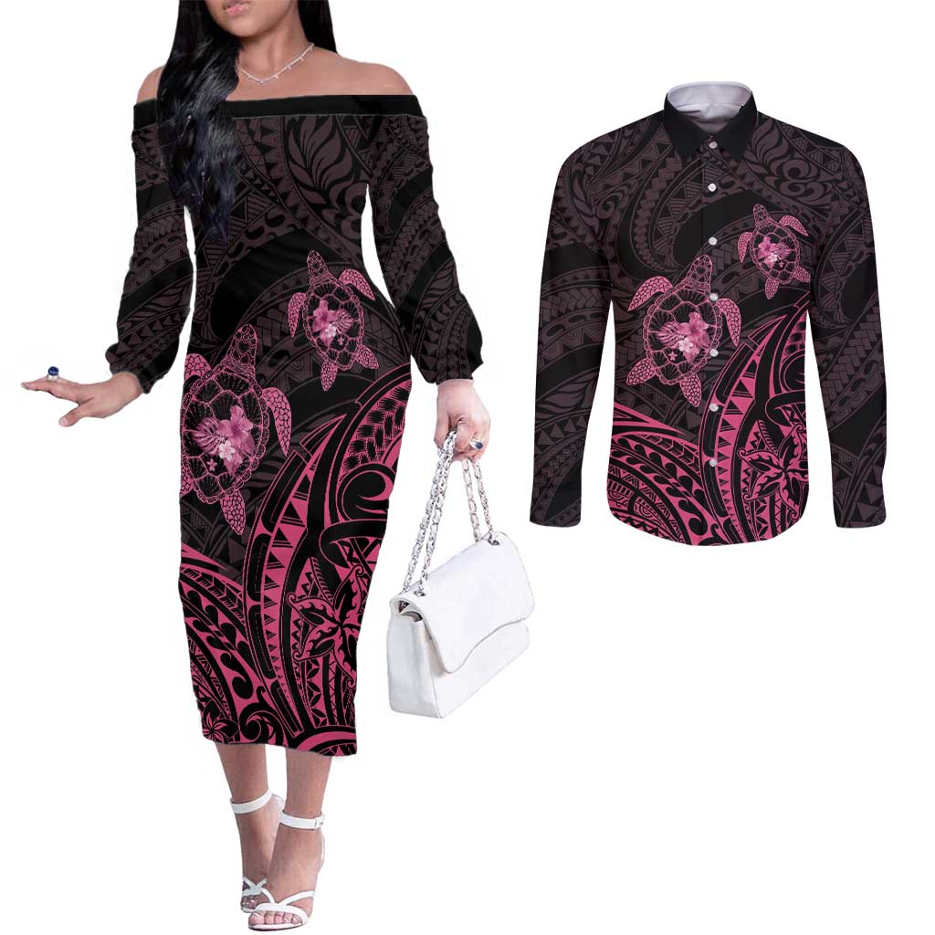 Pink Black Polynesia Floral Sea Turtle Couples Matching Off The Shoulder Long Sleeve Dress and Long Sleeve Button Shirt LT14 Black - Polynesian Pride