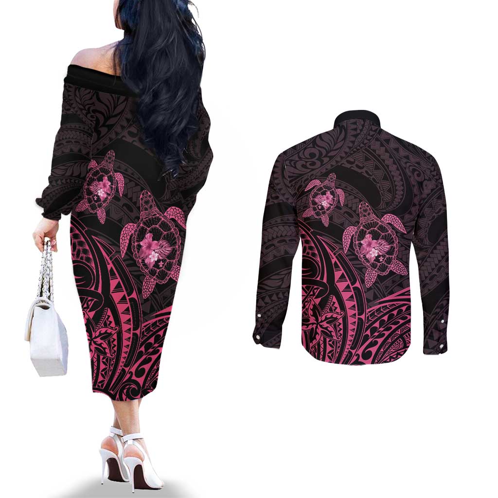 Pink Black Polynesia Floral Sea Turtle Couples Matching Off The Shoulder Long Sleeve Dress and Long Sleeve Button Shirt - Polynesian Pride