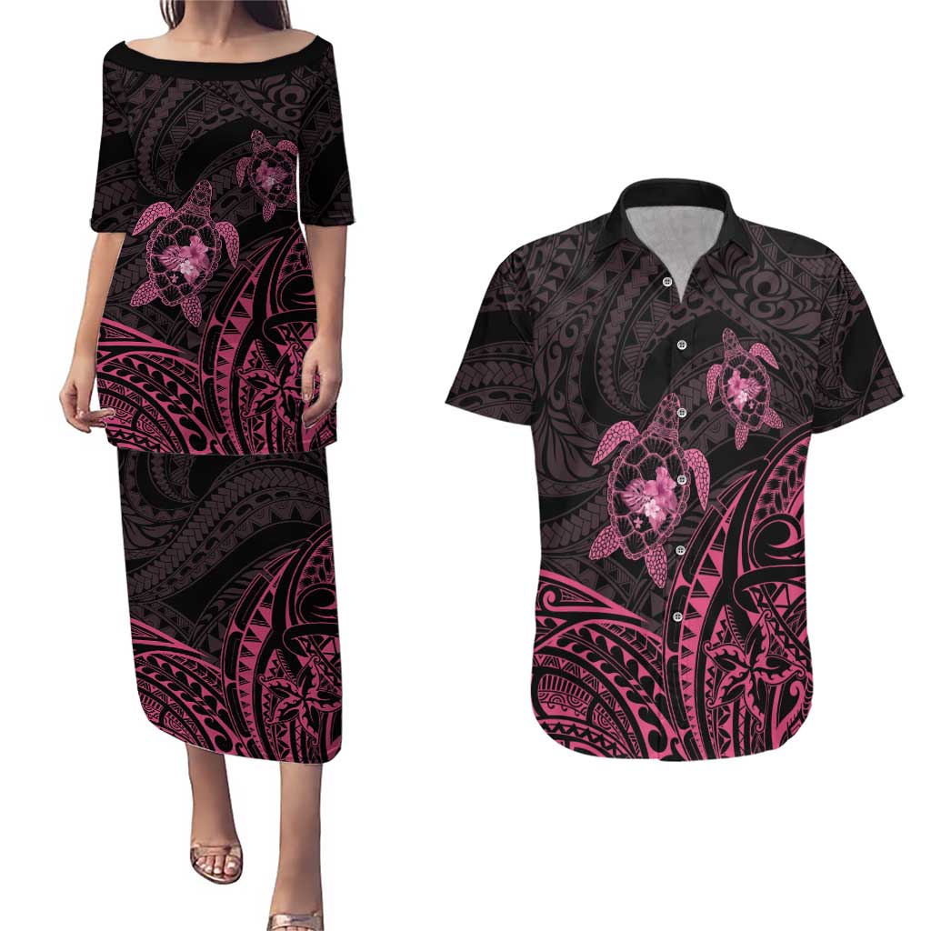 Pink Black Polynesia Floral Sea Turtle Couples Matching Puletasi and Hawaiian Shirt - Polynesian Pride