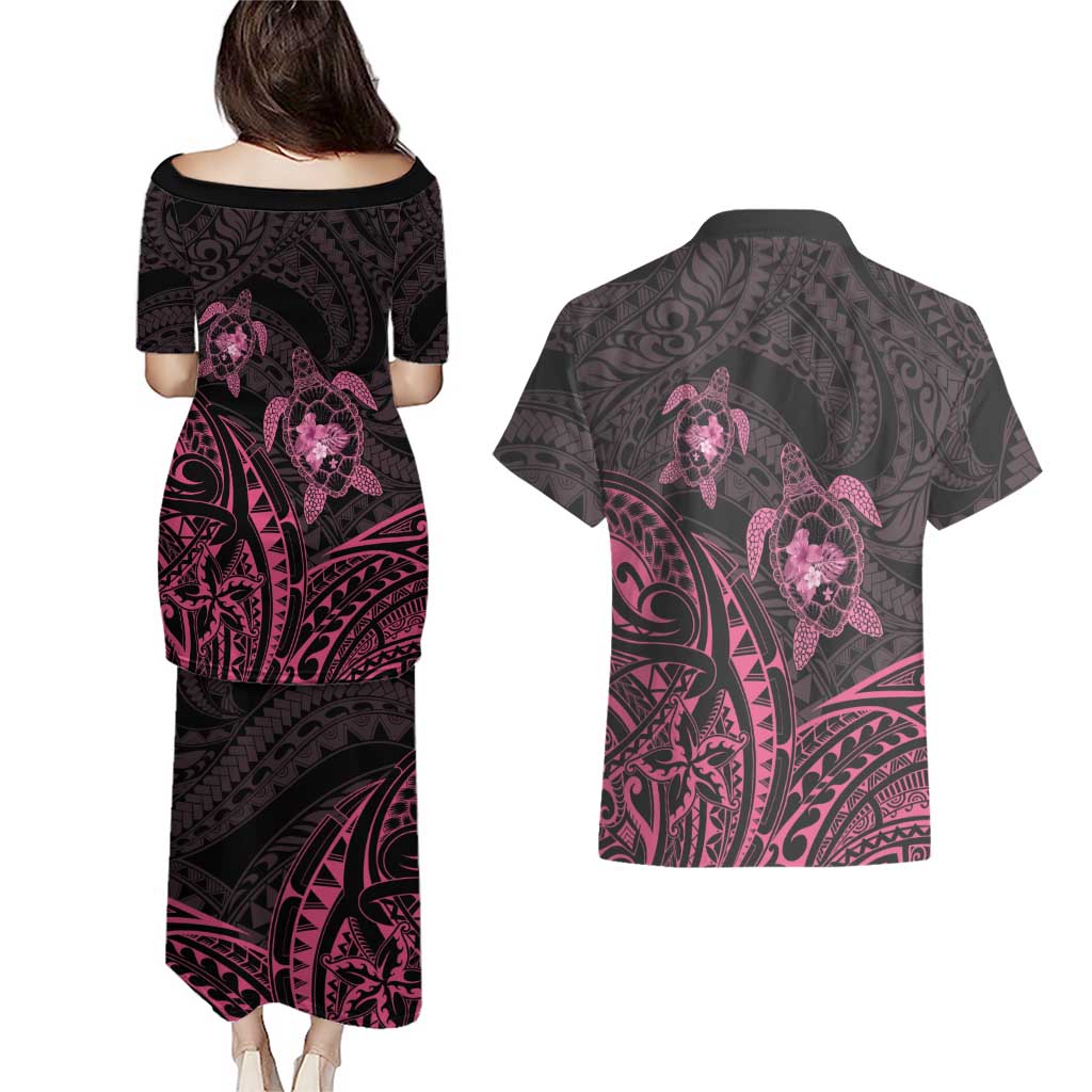 Pink Black Polynesia Floral Sea Turtle Couples Matching Puletasi and Hawaiian Shirt - Polynesian Pride