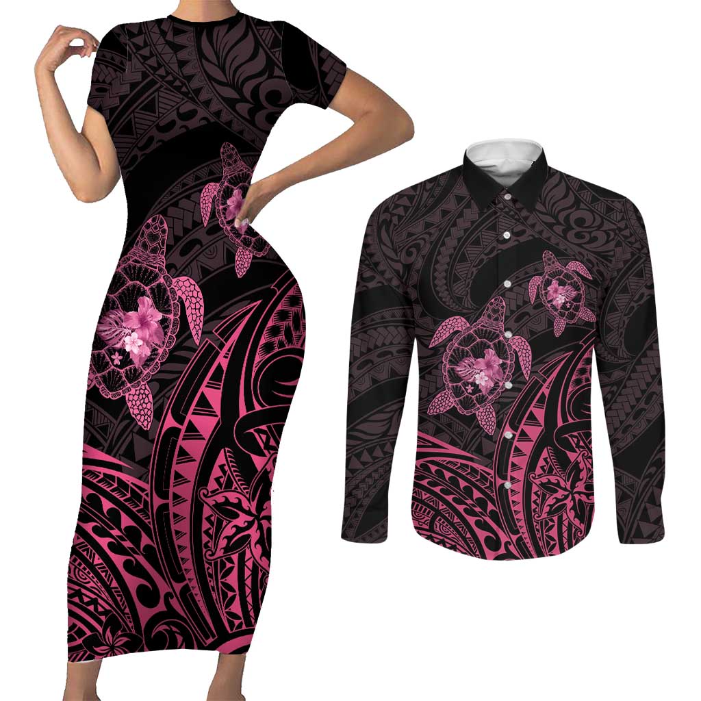 Pink Black Polynesia Floral Sea Turtle Couples Matching Short Sleeve Bodycon Dress and Long Sleeve Button Shirt LT14 Black - Polynesian Pride