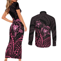 Pink Black Polynesia Floral Sea Turtle Couples Matching Short Sleeve Bodycon Dress and Long Sleeve Button Shirt - Polynesian Pride