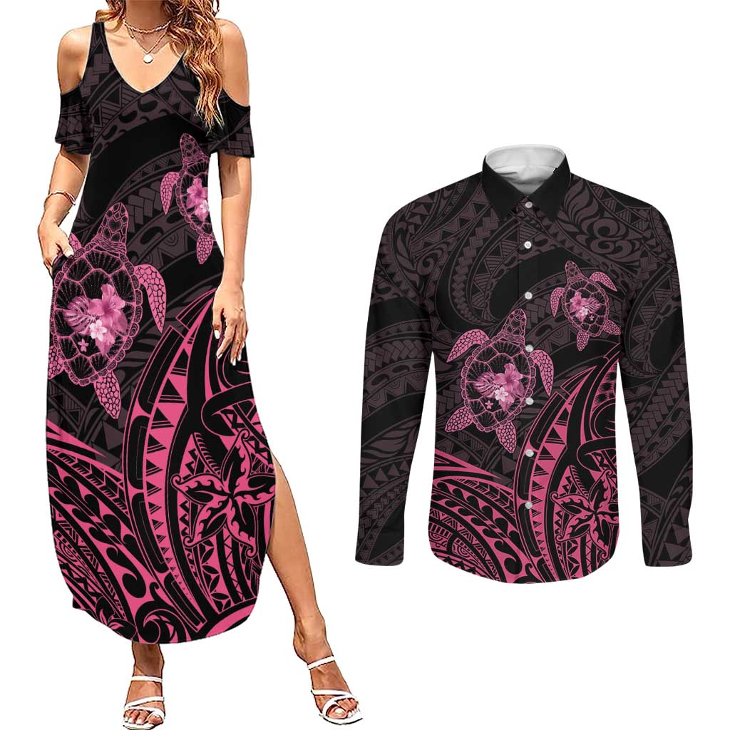 Pink Black Polynesia Floral Sea Turtle Couples Matching Summer Maxi Dress and Long Sleeve Button Shirt LT14 Black - Polynesian Pride