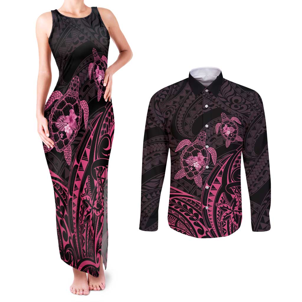 Pink Black Polynesia Floral Sea Turtle Couples Matching Tank Maxi Dress and Long Sleeve Button Shirt LT14 Black - Polynesian Pride