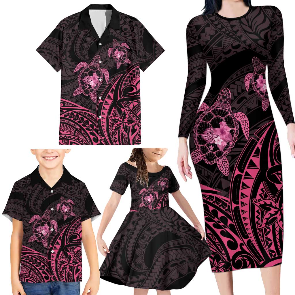 Pink Black Polynesia Floral Sea Turtle Family Matching Long Sleeve Bodycon Dress and Hawaiian Shirt LT14 - Polynesian Pride