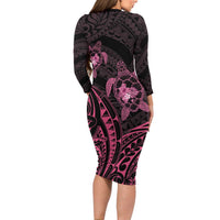 Pink Black Polynesia Floral Sea Turtle Family Matching Long Sleeve Bodycon Dress and Hawaiian Shirt LT14 - Polynesian Pride