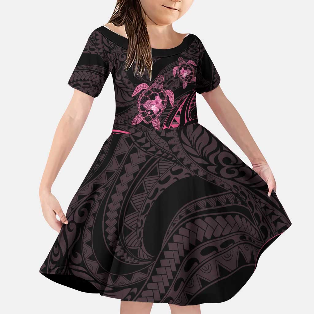 Pink Black Polynesia Floral Sea Turtle Family Matching Mermaid Dress and Hawaiian Shirt LT14 Daughter's Dress Black - Polynesian Pride