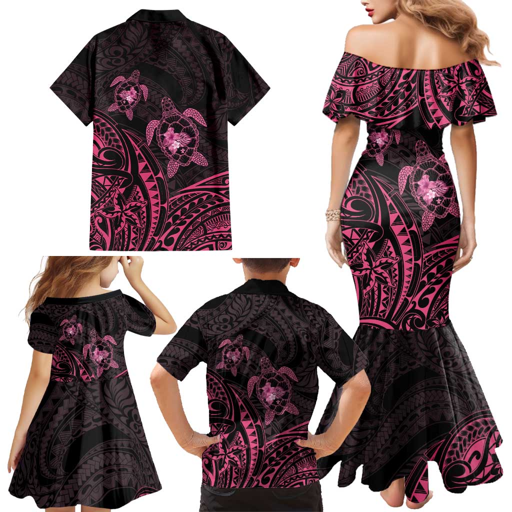 Pink Black Polynesia Floral Sea Turtle Family Matching Mermaid Dress and Hawaiian Shirt LT14 - Polynesian Pride