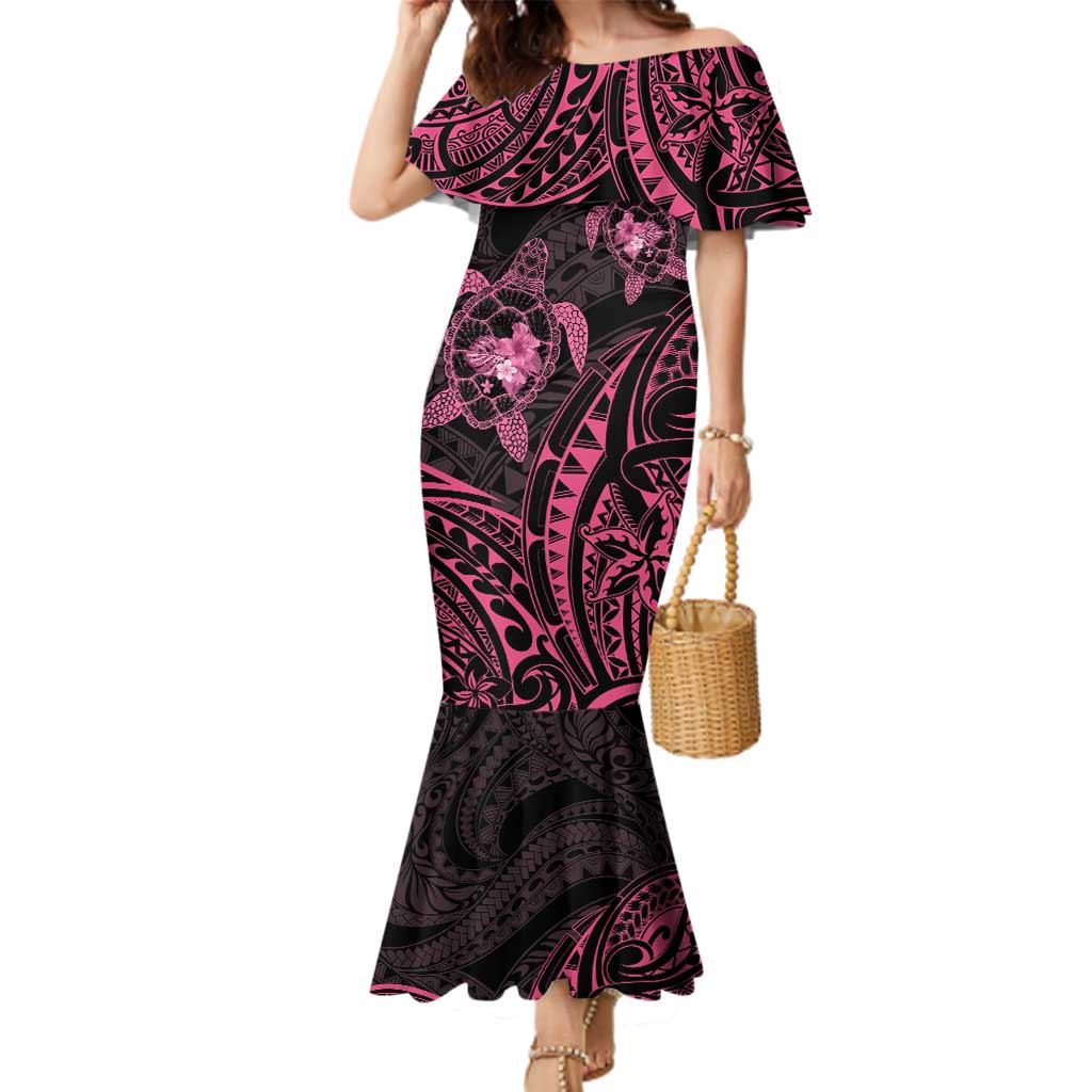 Pink Black Polynesia Floral Sea Turtle Family Matching Mermaid Dress and Hawaiian Shirt LT14 Mom's Dress Black - Polynesian Pride