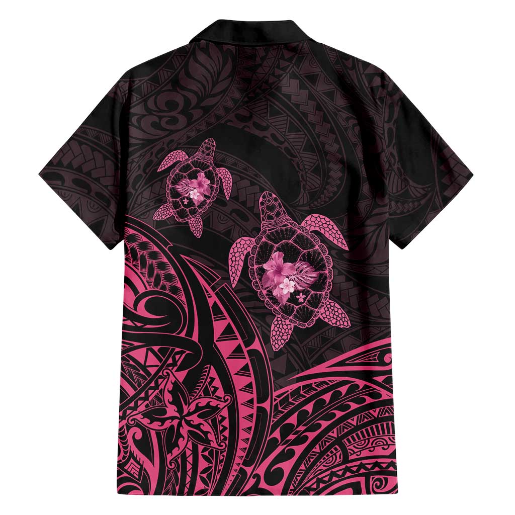Pink Black Polynesia Floral Sea Turtle Family Matching Off The Shoulder Long Sleeve Dress and Hawaiian Shirt LT14 - Polynesian Pride