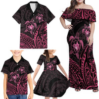 Pink Black Polynesia Floral Sea Turtle Family Matching Off Shoulder Maxi Dress and Hawaiian Shirt LT14 - Polynesian Pride