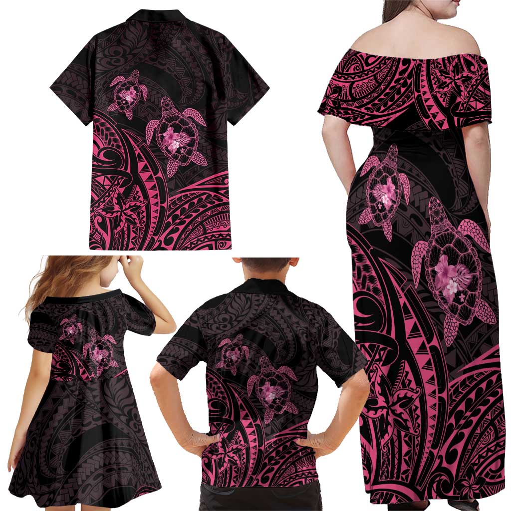 Pink Black Polynesia Floral Sea Turtle Family Matching Off Shoulder Maxi Dress and Hawaiian Shirt LT14 - Polynesian Pride