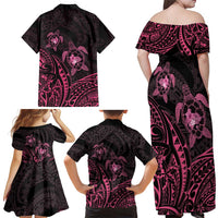 Pink Black Polynesia Floral Sea Turtle Family Matching Off Shoulder Maxi Dress and Hawaiian Shirt LT14 - Polynesian Pride