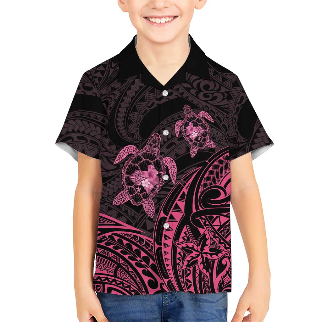 Pink Black Polynesia Floral Sea Turtle Family Matching Off Shoulder Maxi Dress and Hawaiian Shirt LT14 Son's Shirt Black - Polynesian Pride