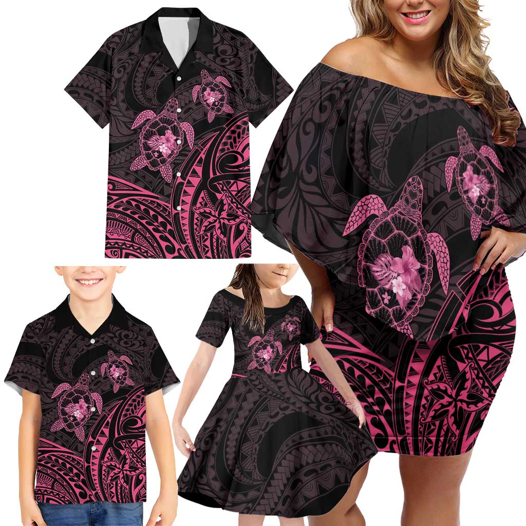 Pink Black Polynesia Floral Sea Turtle Family Matching Off Shoulder Short Dress and Hawaiian Shirt - Polynesian Pride