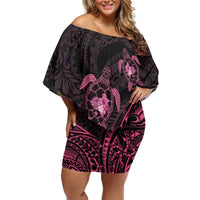 Pink Black Polynesia Floral Sea Turtle Family Matching Off Shoulder Short Dress and Hawaiian Shirt LT14 Mom's Dress Black - Polynesian Pride