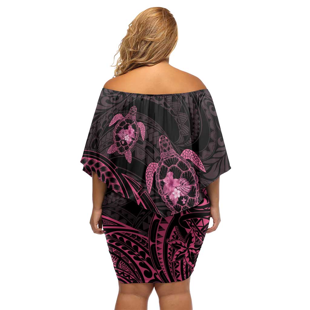 Pink Black Polynesia Floral Sea Turtle Family Matching Off Shoulder Short Dress and Hawaiian Shirt LT14 - Polynesian Pride