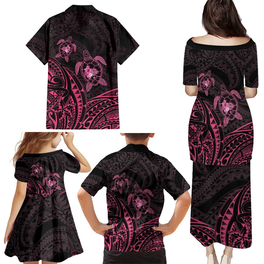 Pink Black Polynesia Floral Sea Turtle Family Matching Puletasi and Hawaiian Shirt - Polynesian Pride