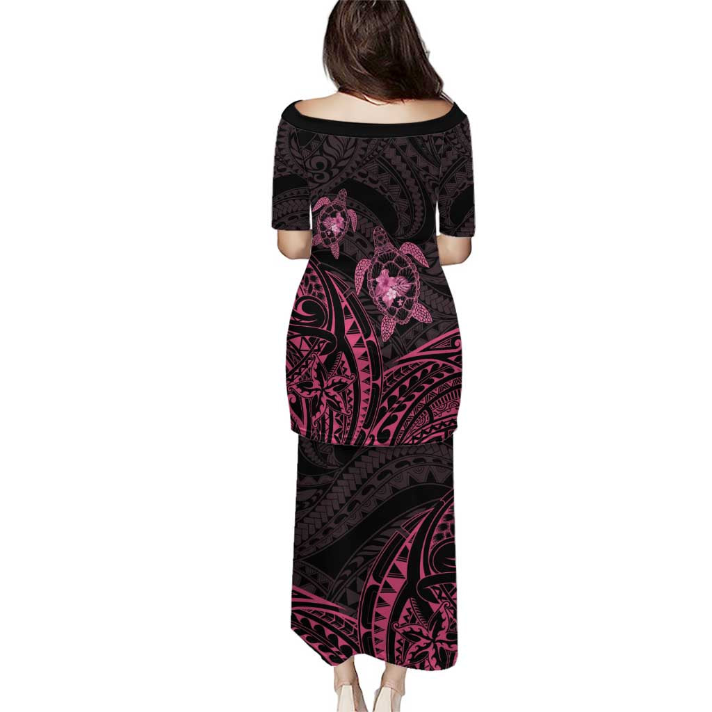 Pink Black Polynesia Floral Sea Turtle Family Matching Puletasi and Hawaiian Shirt - Polynesian Pride