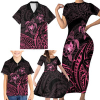 Pink Black Polynesia Floral Sea Turtle Family Matching Short Sleeve Bodycon Dress and Hawaiian Shirt LT14 - Polynesian Pride
