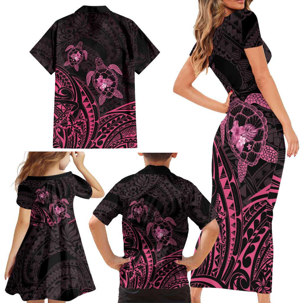 Pink Black Polynesia Floral Sea Turtle Family Matching Short Sleeve Bodycon Dress and Hawaiian Shirt LT14 - Polynesian Pride