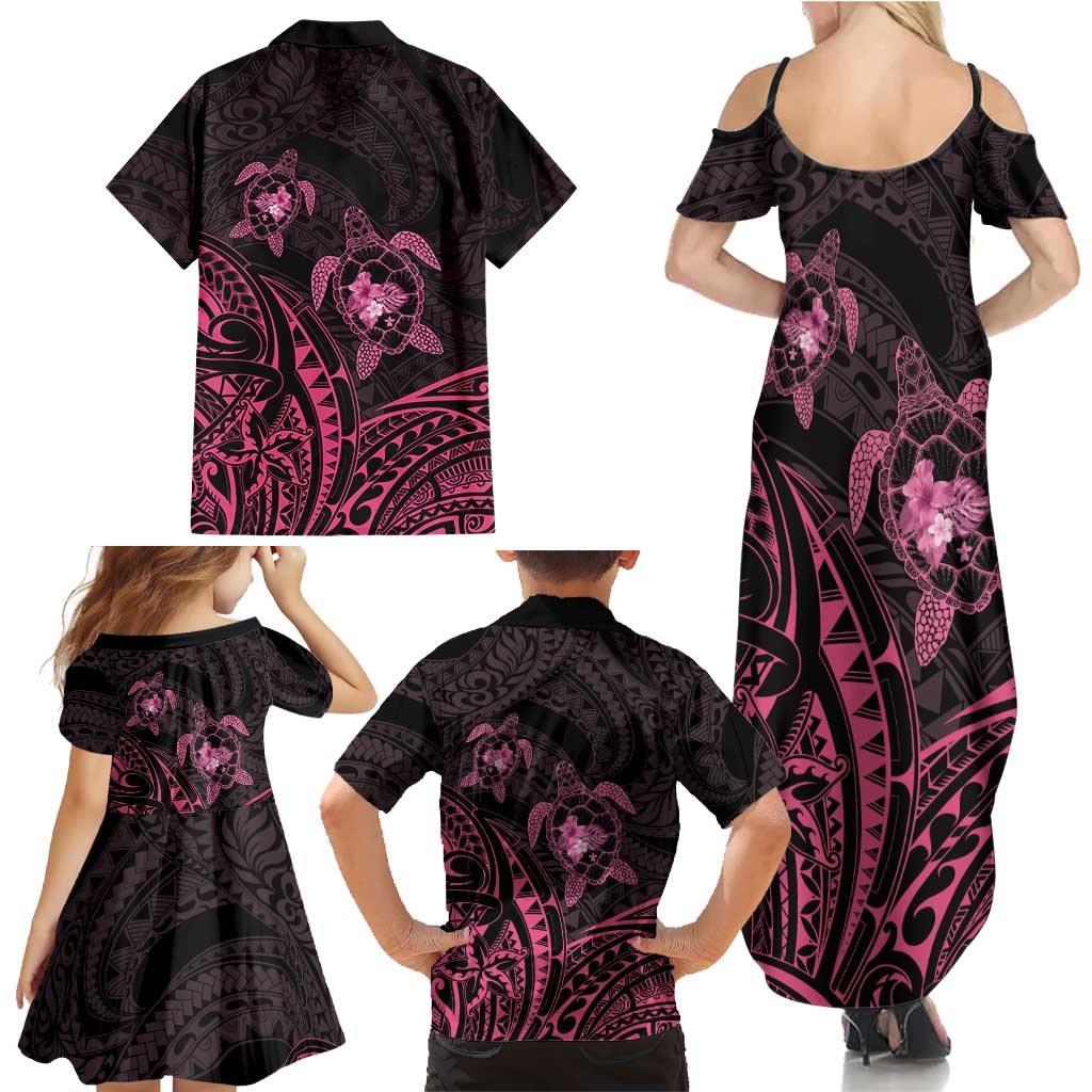 Pink Black Polynesia Floral Sea Turtle Family Matching Summer Maxi Dress and Hawaiian Shirt LT14 - Polynesian Pride