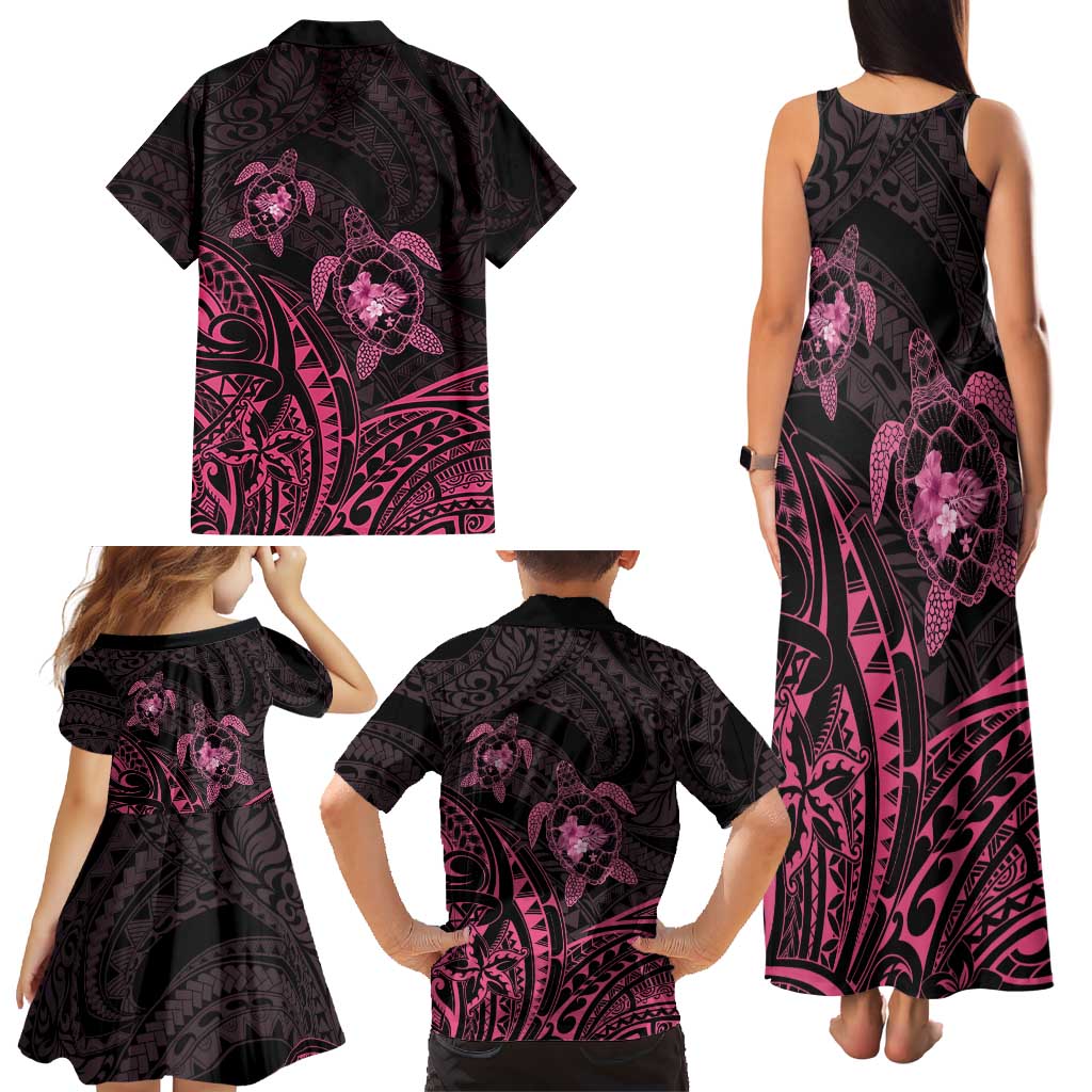 Pink Black Polynesia Floral Sea Turtle Family Matching Tank Maxi Dress and Hawaiian Shirt LT14 - Polynesian Pride