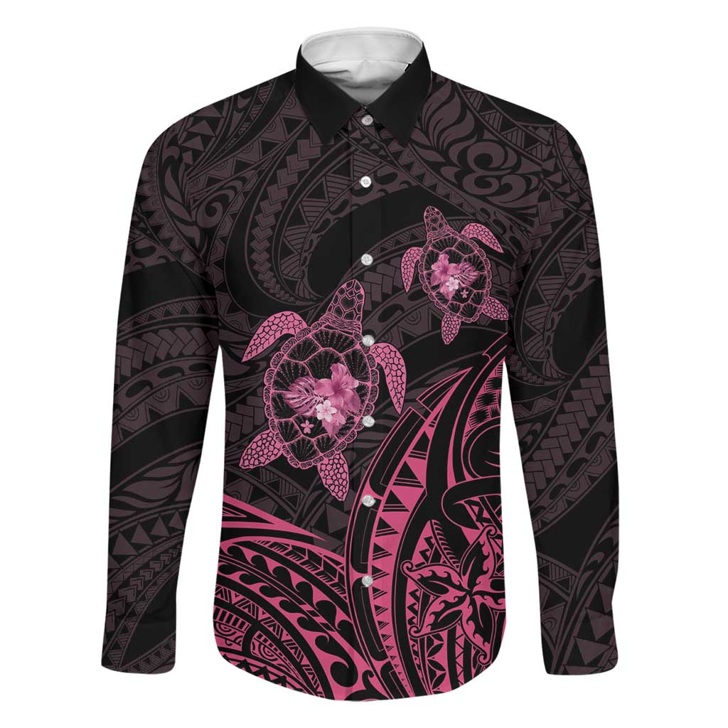 Pink Black Polynesia Floral Sea Turtle Family Matching Tank Maxi Dress and Hawaiian Shirt LT14 Dad's Shirt - Long Sleeve Black - Polynesian Pride