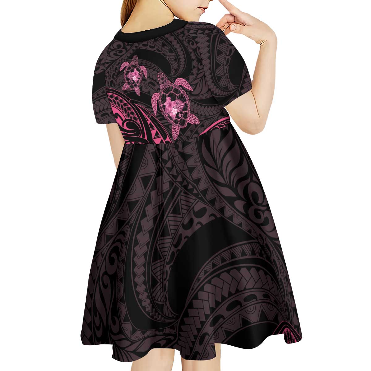 Pink Black Polynesia Floral Sea Turtle Kid Short Sleeve Dress LT14 - Polynesian Pride
