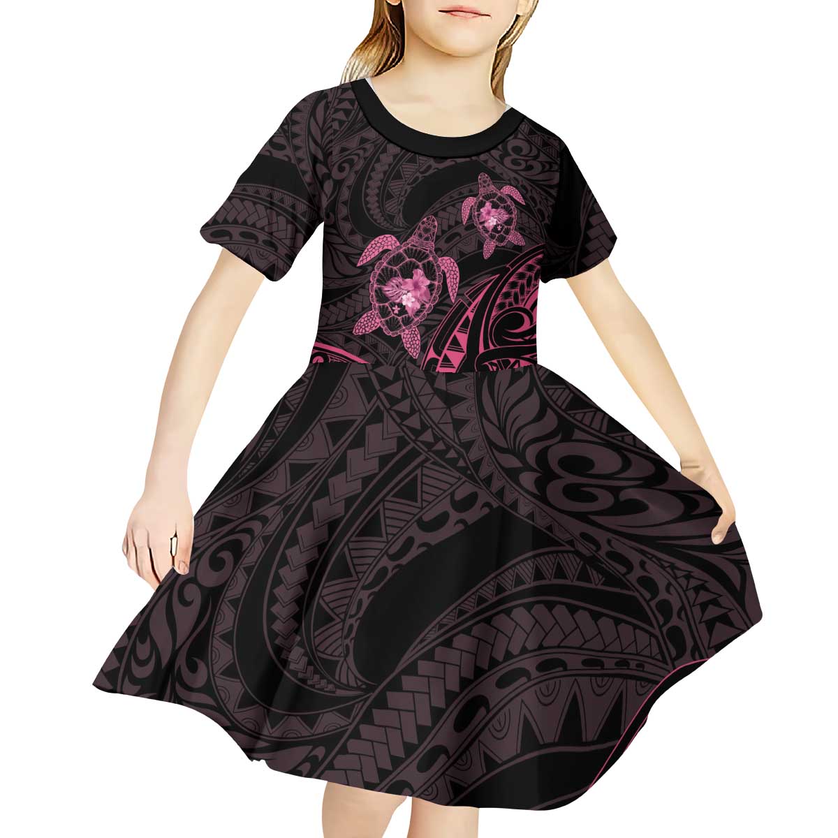 Pink Black Polynesia Floral Sea Turtle Kid Short Sleeve Dress LT14 - Polynesian Pride