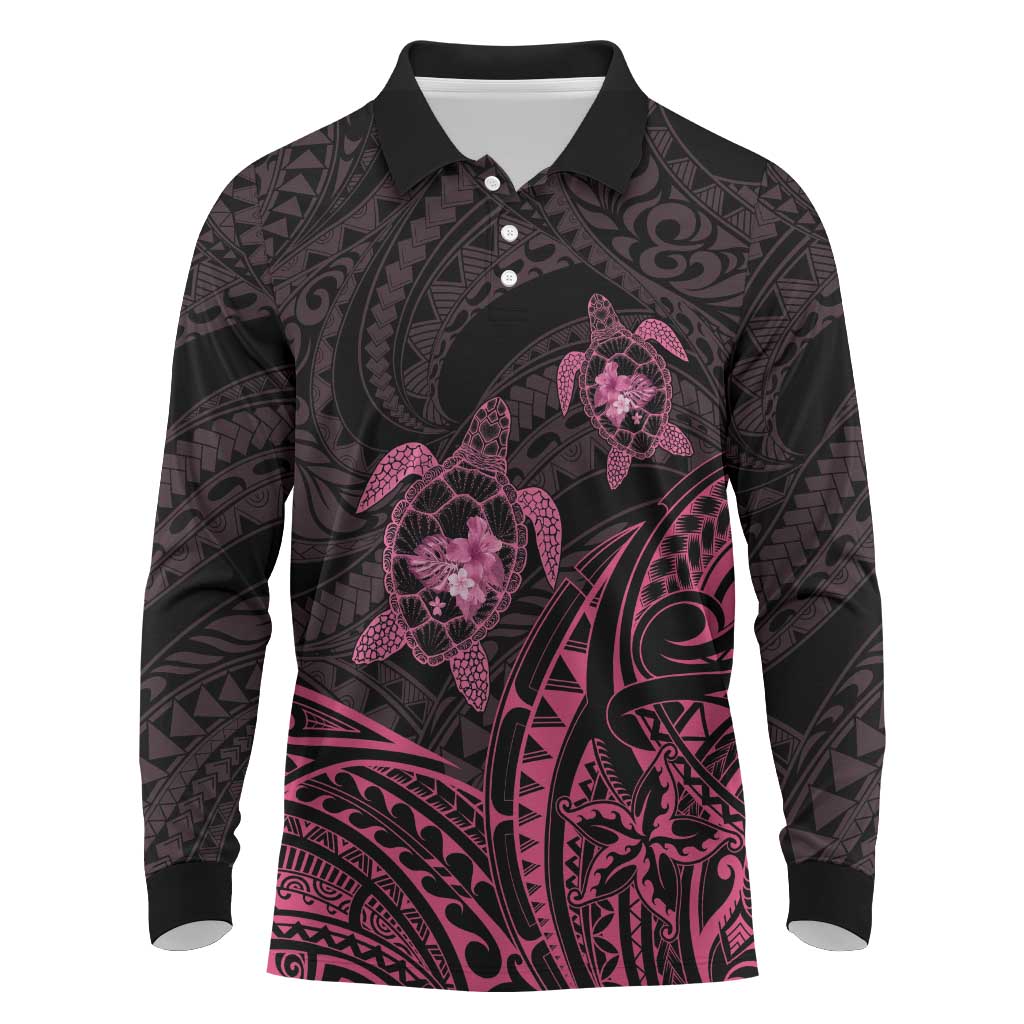Pink Black Polynesia Floral Sea Turtle Long Sleeve Polo Shirt - Polynesian Pride